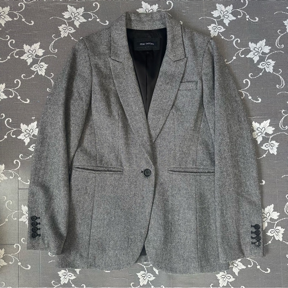 Pink Tartan Grey Wool Blend Blazer Sz